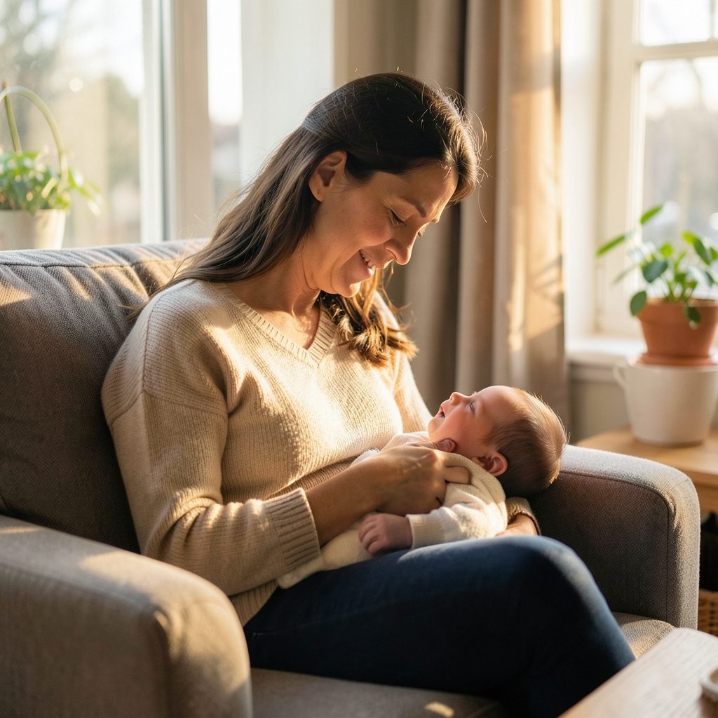 Madre amamantando a su bebé en un sillón junto a una ventana, luz cálida y ambiente acogedor