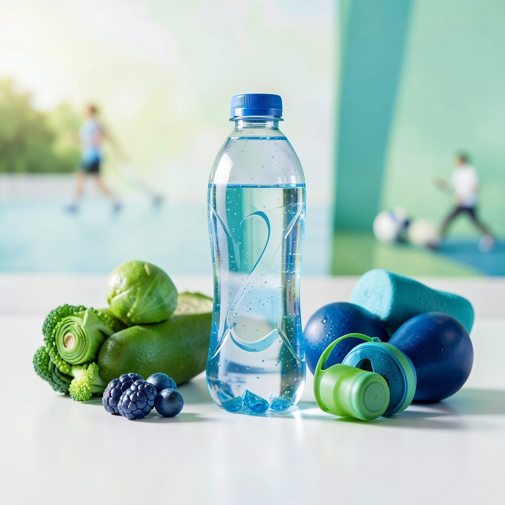 Botella de agua e ingredientes deportivos en tonos verdes y azules sobre una superficie clara, con ambiente activo y saludable